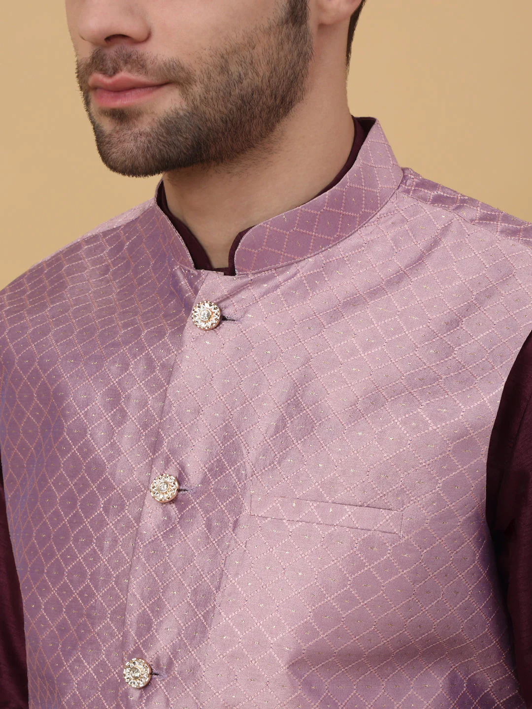 KRAFT INDIA Men's Silk Blend Geometric Sleeveless Jacquard Nehru Jacket - Image 8