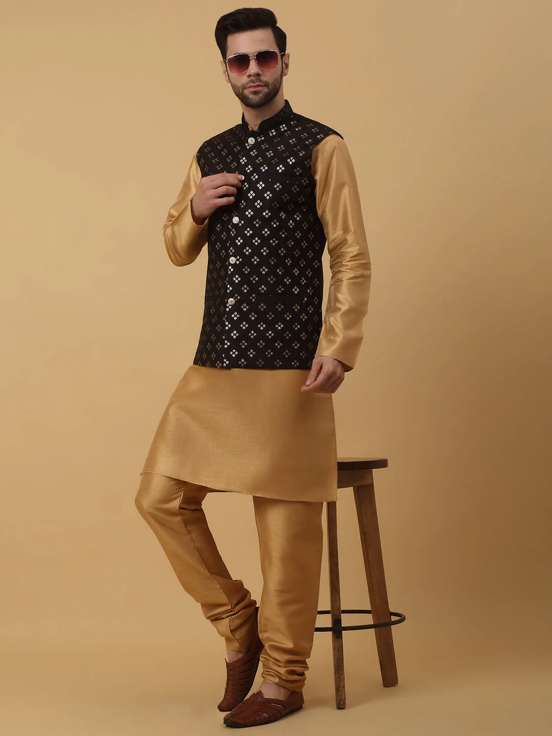 KRAFT INDIA Men's Silk Blend Gold Kurta, Churidar with Cotton Silk Embroided Sequenced Nehru Jacket Set