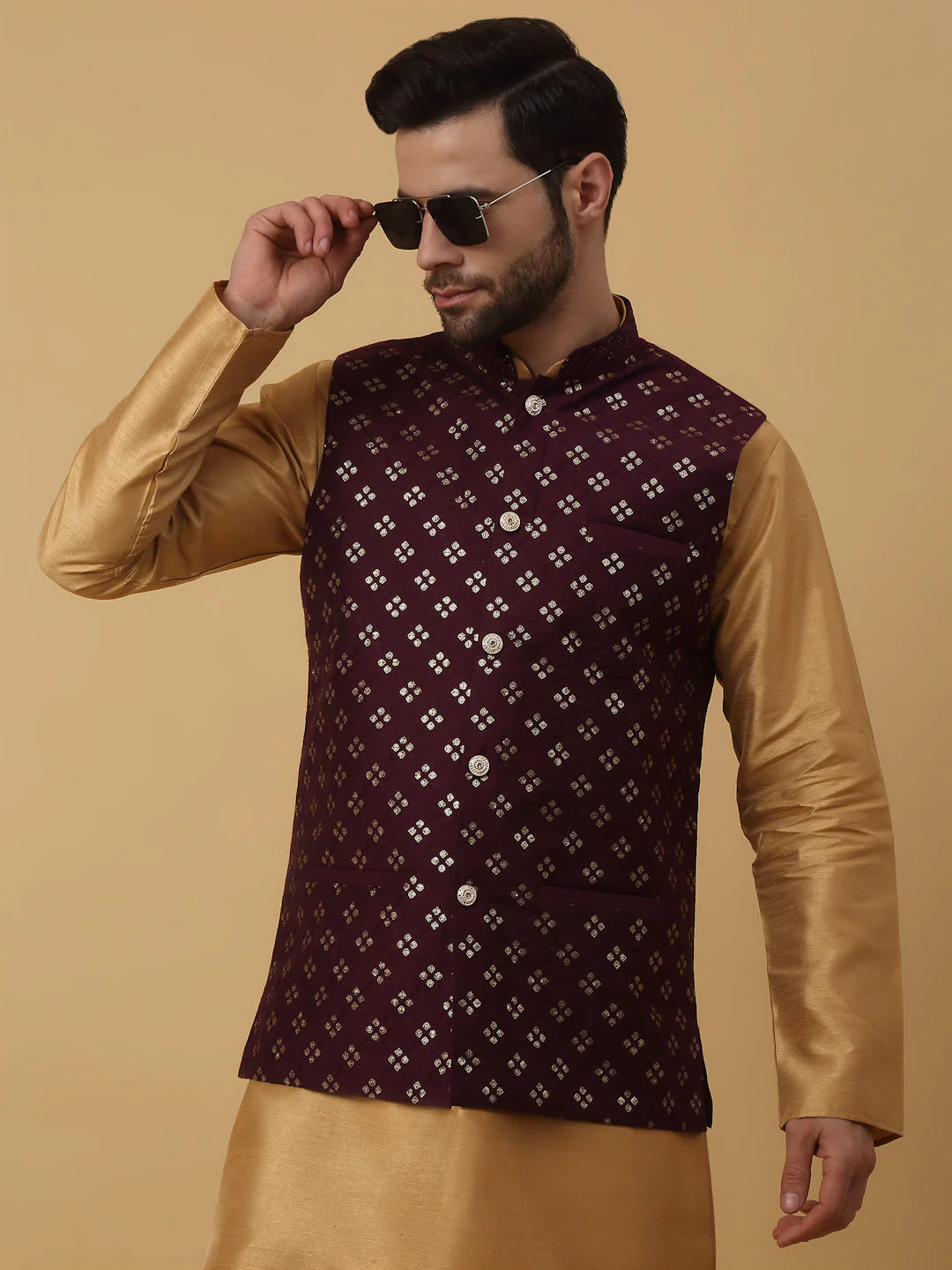 KRAFT INDIA Men's Silk Blend Gold Kurta, Churidar with Cotton Silk Embroided Sequenced Nehru Jacket Set - Image 19