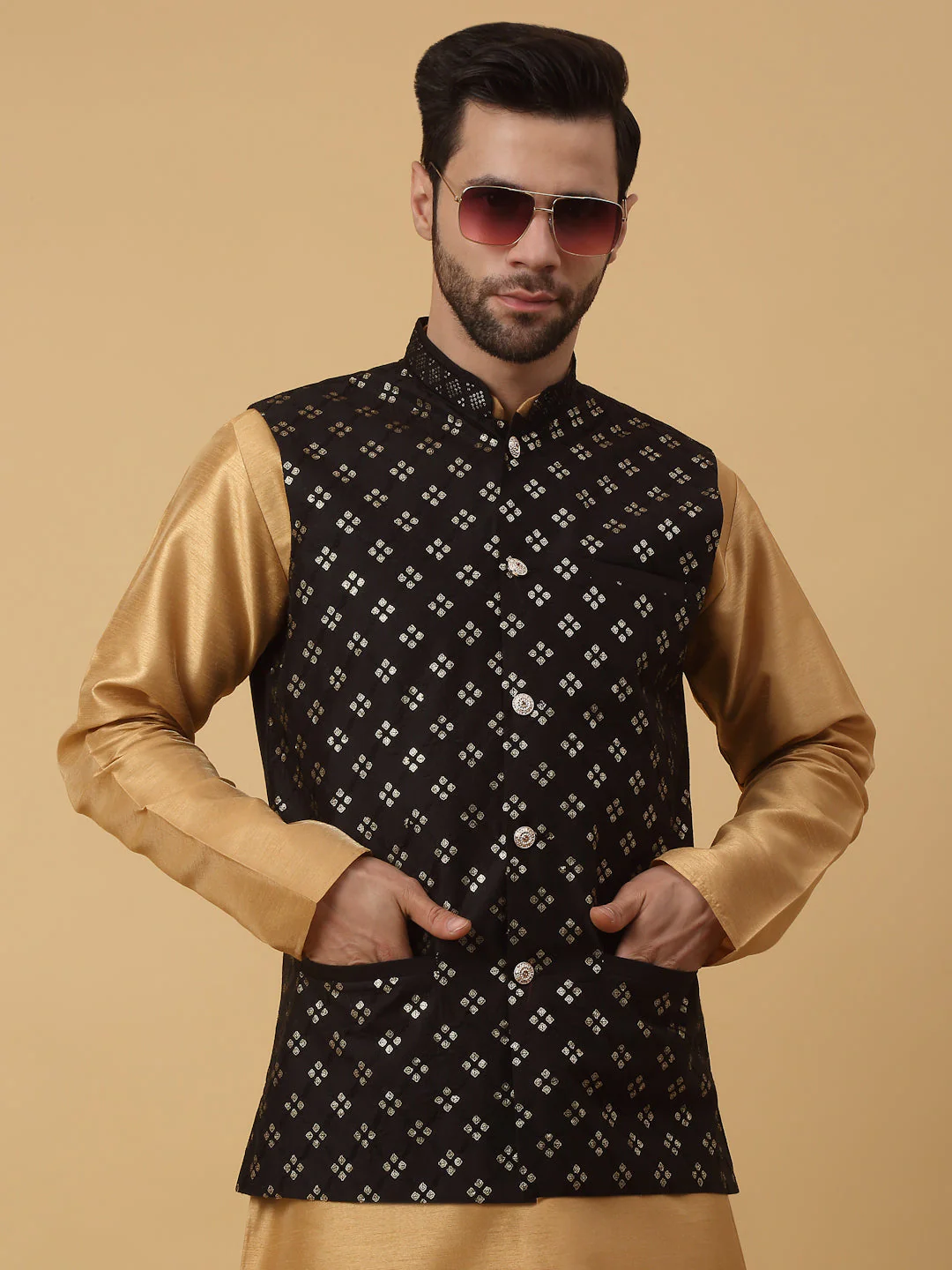 KRAFT INDIA Men's Silk Blend Gold Kurta, Churidar with Cotton Silk Embroided Sequenced Nehru Jacket Set - Image 5
