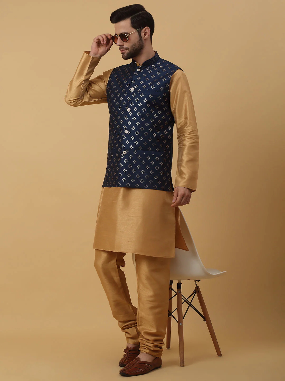 KRAFT INDIA Men's Silk Blend Gold Kurta, Churidar with Cotton Silk Embroided Sequenced Nehru Jacket Set - Image 6