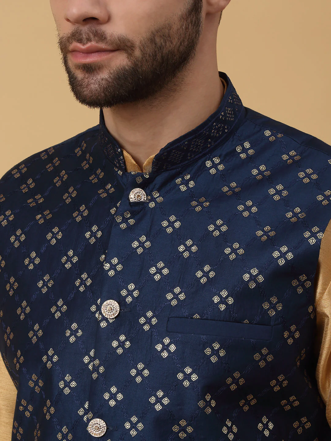 KRAFT INDIA Men's Silk Blend Gold Kurta, Churidar with Cotton Silk Embroided Sequenced Nehru Jacket Set - Image 8