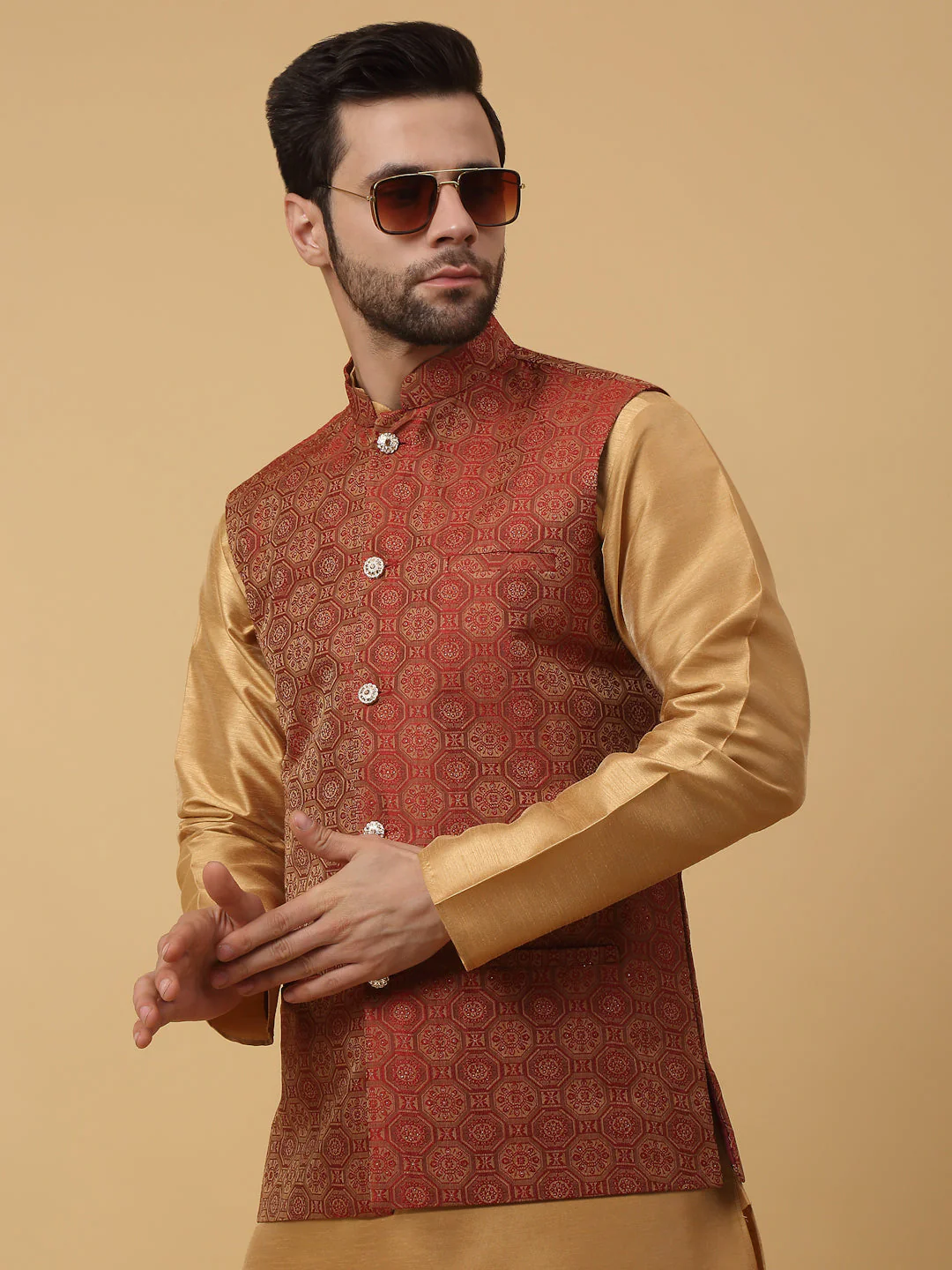 KRAFT INDIA Men's Silk Blend Gold Kurta, Churidar with Jacquard Bandhani Silk Blend Nehru Jacket Set - Image 15