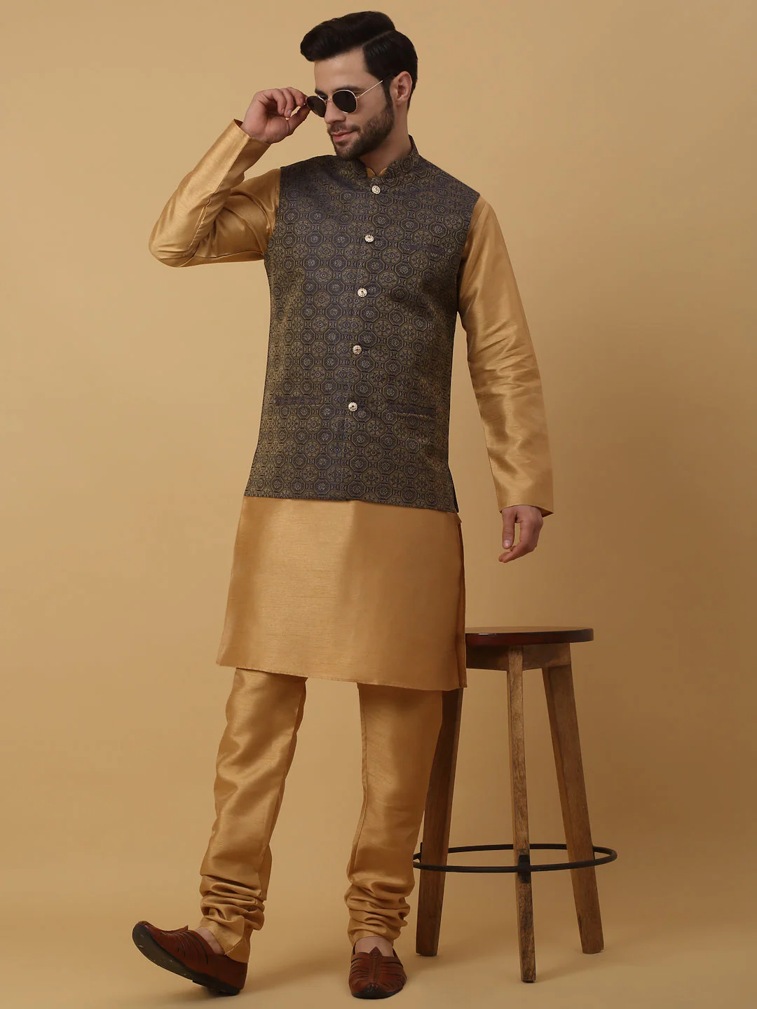 KRAFT INDIA Men's Silk Blend Gold Kurta, Churidar with Jacquard Bandhani Silk Blend Nehru Jacket Set - Image 19