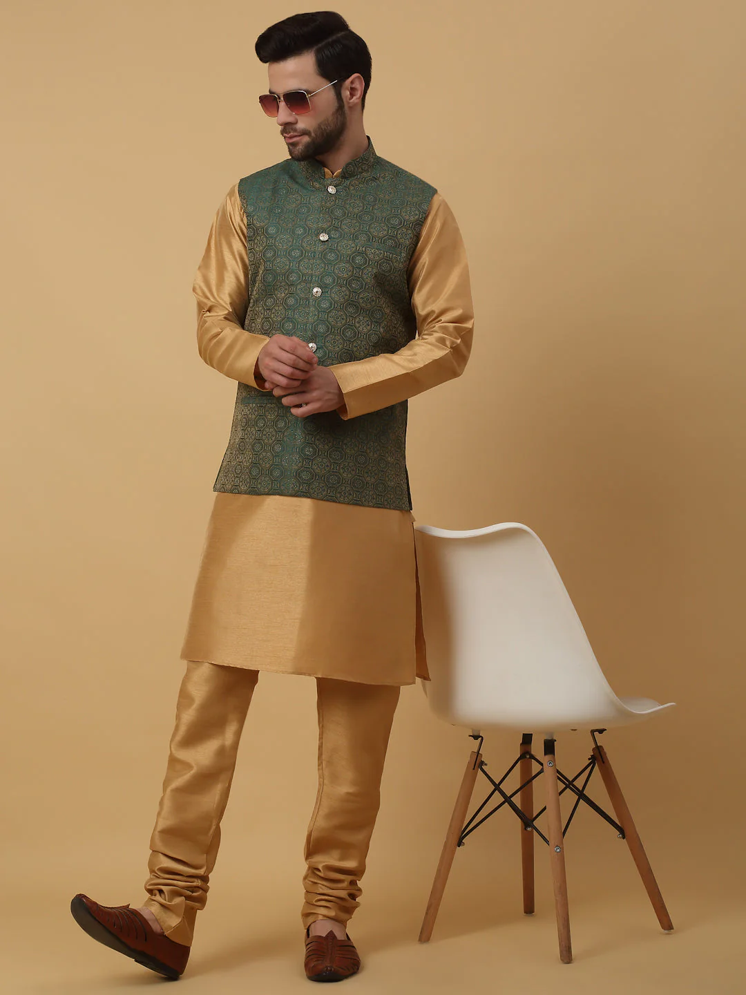 KRAFT INDIA Men's Silk Blend Gold Kurta, Churidar with Jacquard Bandhani Silk Blend Nehru Jacket Set - Image 6