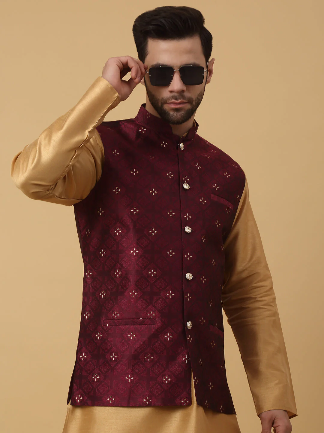 KRAFT INDIA Men's Silk Blend Gold Kurta, Churidar with Jacquard Silk Blend Floral Nehru Jacket Set - Image 15