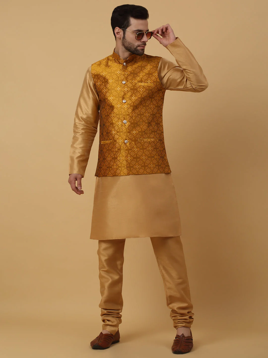 KRAFT INDIA Men's Silk Blend Gold Kurta, Churidar with Jacquard Silk Blend Floral Nehru Jacket Set - Image 6