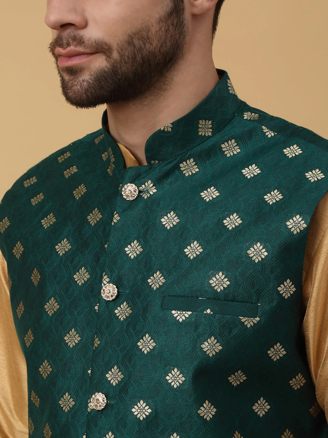KRAFT INDIA Men's Silk Blend Gold Kurta, Churidar with Jacquard Silk Blend Floral Print Nehru Jacket Set - Image 3
