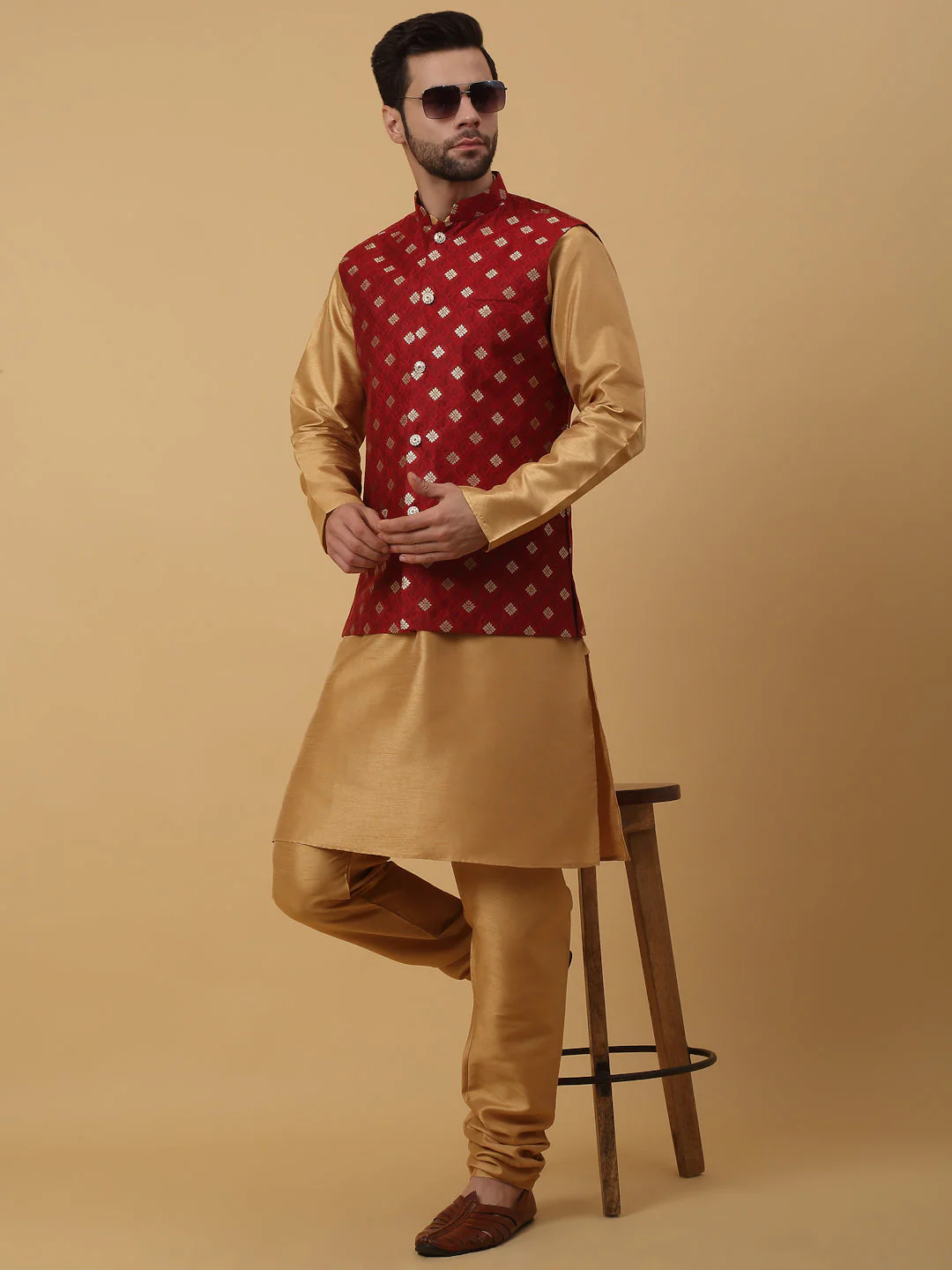 KRAFT INDIA Men's Silk Blend Gold Kurta, Churidar with Jacquard Silk Blend Floral Print Nehru Jacket Set - Image 5