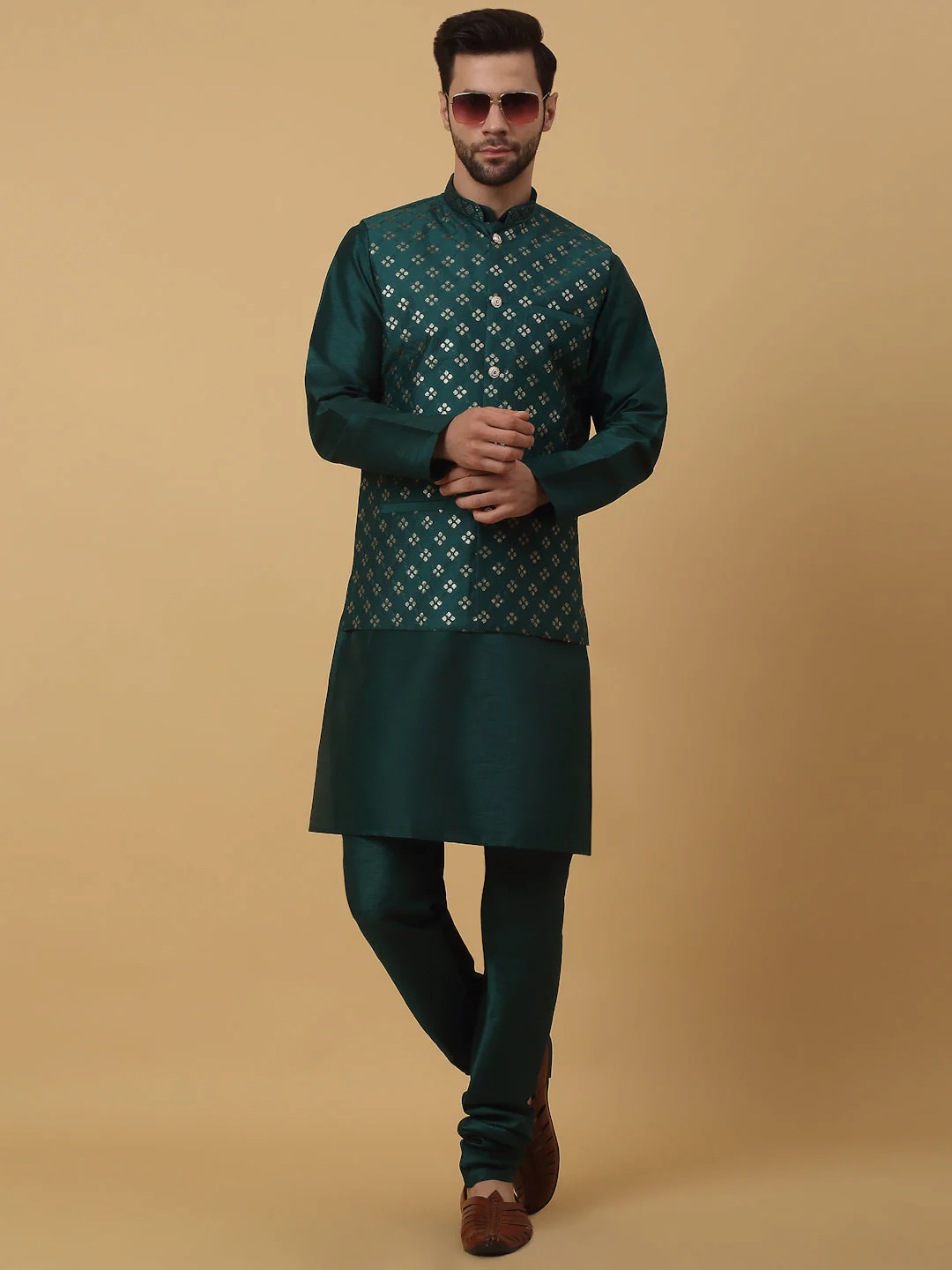 KRAFT INDIA Men's Silk Blend Green Kurta, Churidar with Cotton Silk Embroided Sequenced Nehru Jacket Set - Image 21