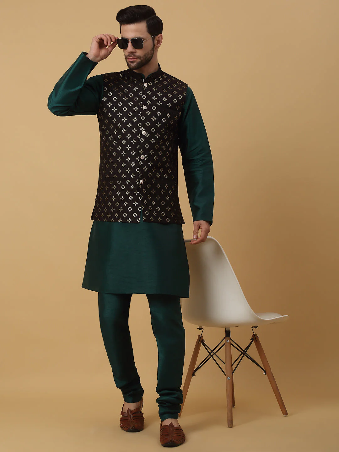 KRAFT INDIA Men's Silk Blend Green Kurta, Churidar with Cotton Silk Embroided Sequenced Nehru Jacket Set - Image 29