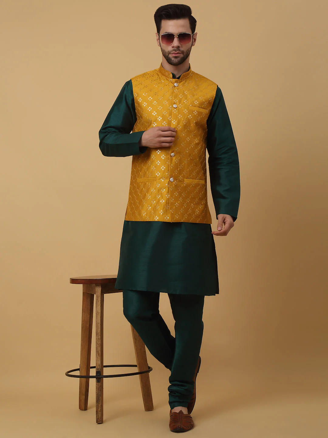 KRAFT INDIA Men's Silk Blend Green Kurta, Churidar with Cotton Silk Embroided Sequenced Nehru Jacket Set - Image 40