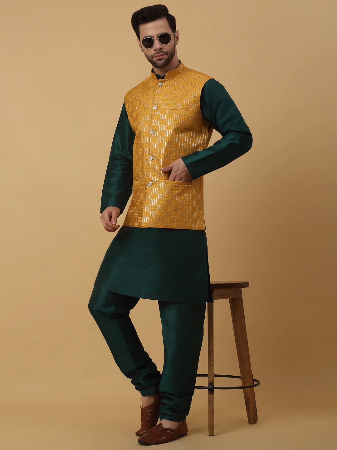 KRAFT INDIA Men's Silk Blend Green Kurta, Churidar With Cotton Silk Sequenced Embroided Nehru Jacket set - Image 6