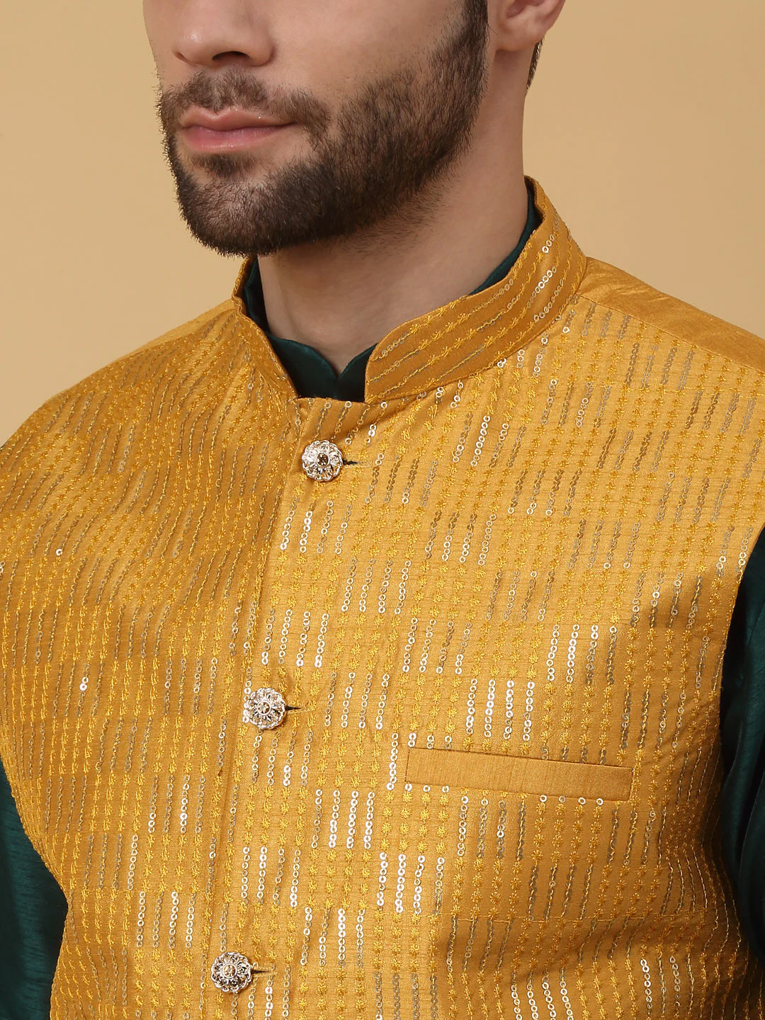 KRAFT INDIA Men's Silk Blend Green Kurta, Churidar With Cotton Silk Sequenced Embroided Nehru Jacket set - Image 8