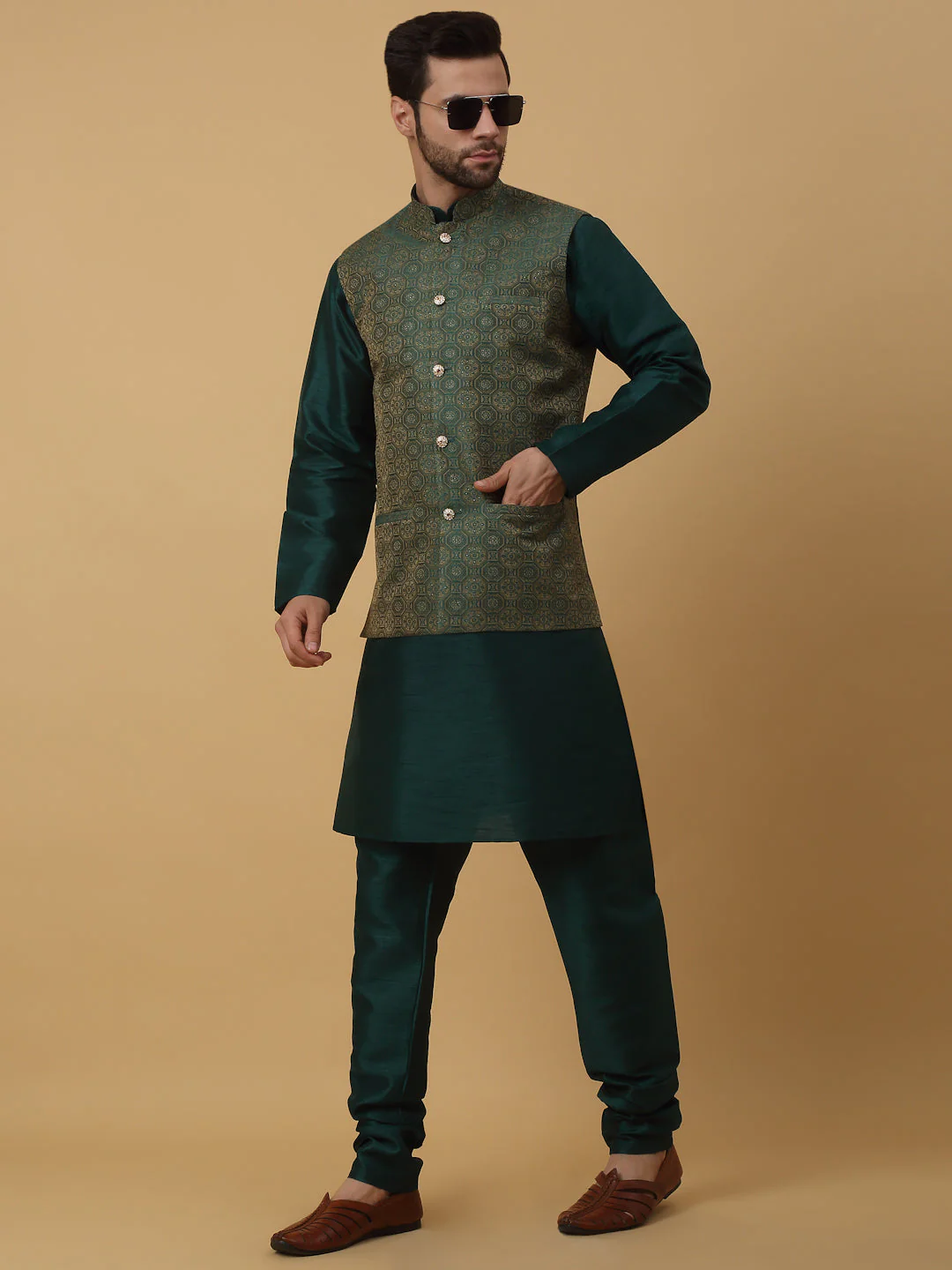 KRAFT INDIA Men's Silk Blend Green Kurta, Churidar with Jacquard Bandhani Silk Blend Nehru Jacket Set - Image 47