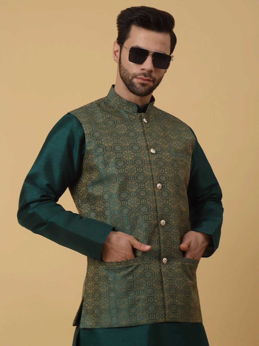 KRAFT INDIA Men's Silk Blend Green Kurta, Churidar with Jacquard Bandhani Silk Blend Nehru Jacket Set - Image 5