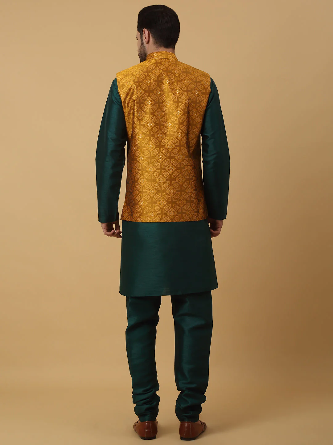 KRAFT INDIA Men's Silk Blend Green Kurta, Churidar with Jacquard Silk Blend Floral Nehru Jacket Set - Image 2