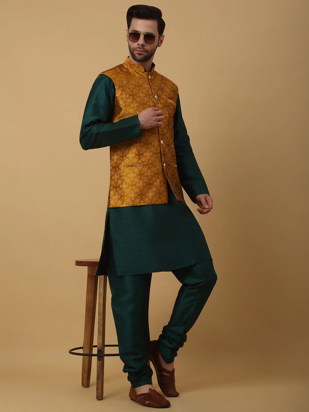 KRAFT INDIA Men's Silk Blend Green Kurta, Churidar with Jacquard Silk Blend Floral Nehru Jacket Set - Image 33