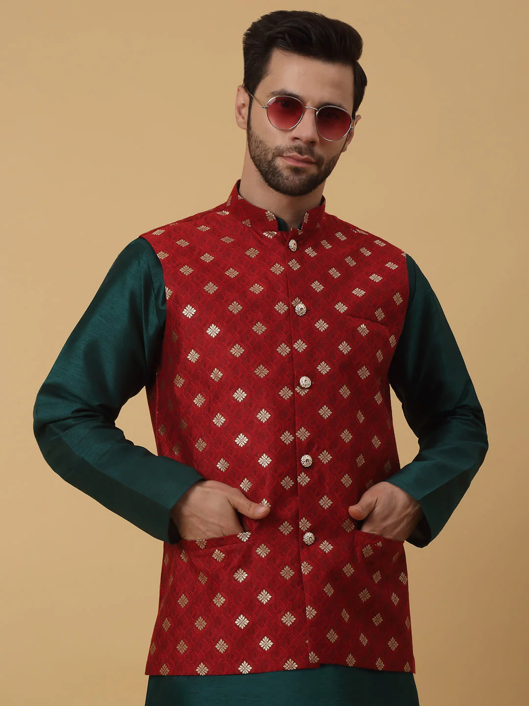 KRAFT INDIA Men's Silk Blend Green Kurta, Churidar with Jacquard Silk Blend Floral Print Nehru Jacket Set - Image 10