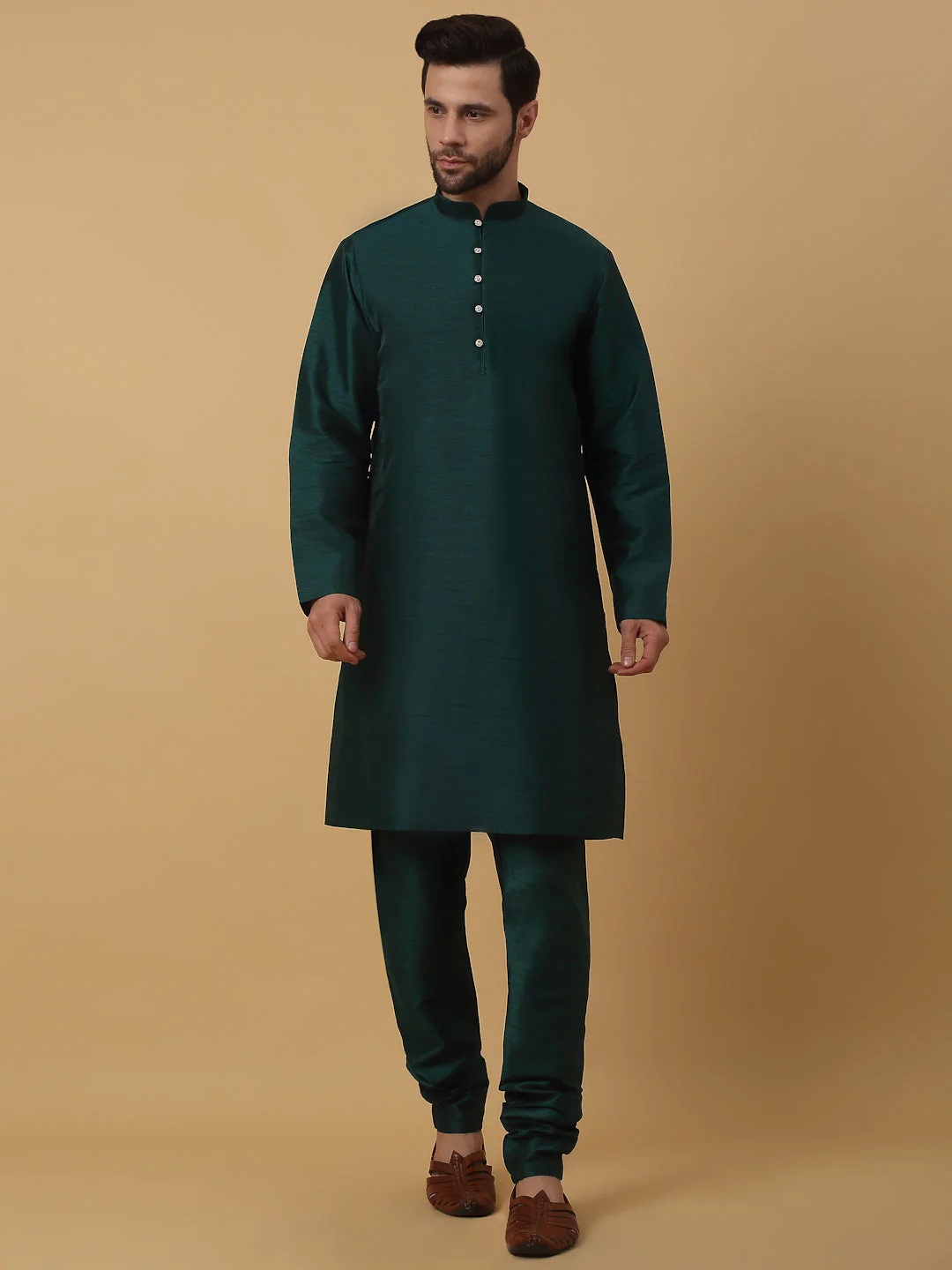 KRAFT INDIA Men's Silk Blend Green Kurta, Churidar with Jacquard Silk Blend Floral Print Nehru Jacket Set - Image 14