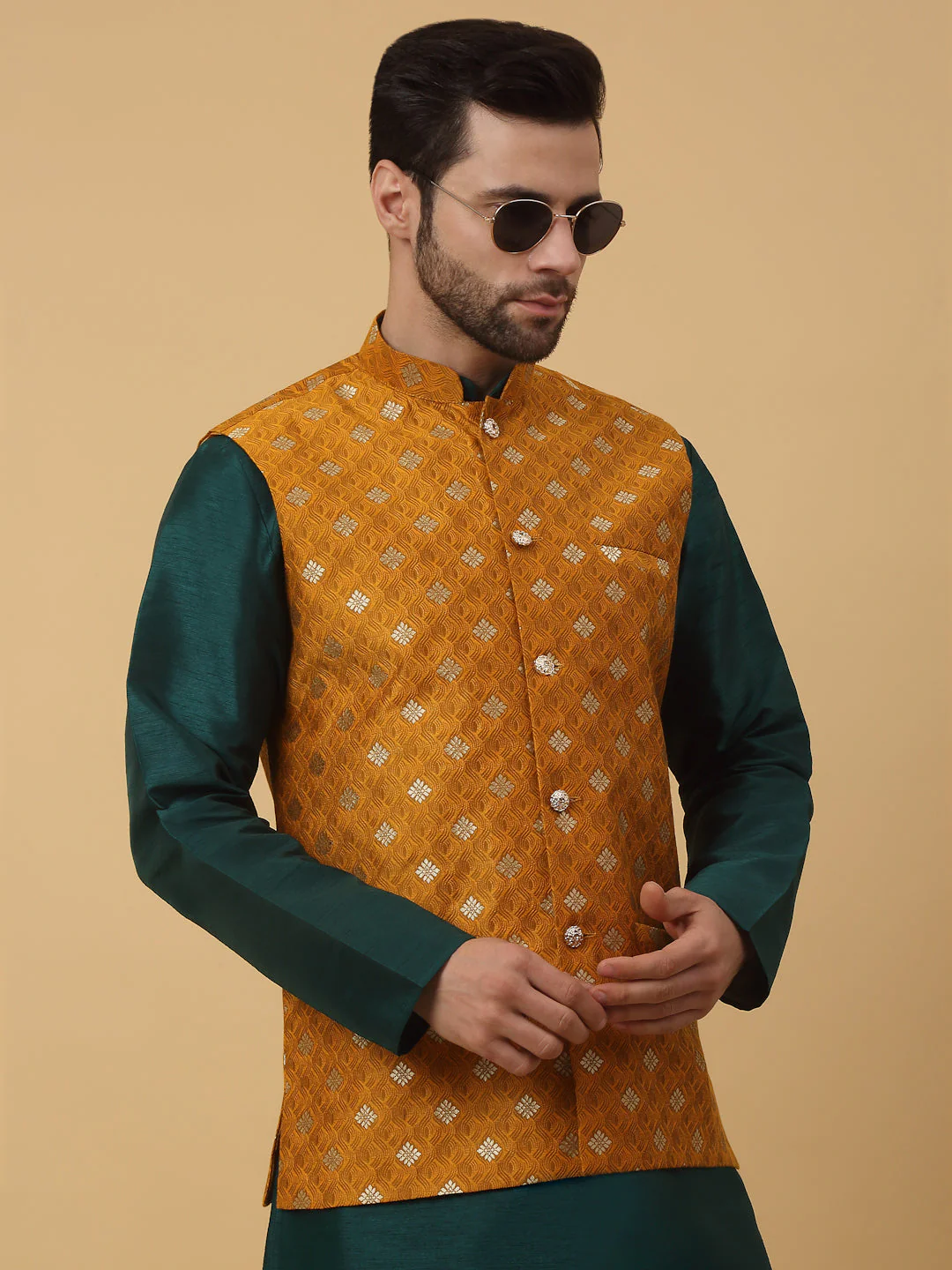 KRAFT INDIA Men's Silk Blend Green Kurta, Churidar with Jacquard Silk Blend Floral Print Nehru Jacket Set - Image 15