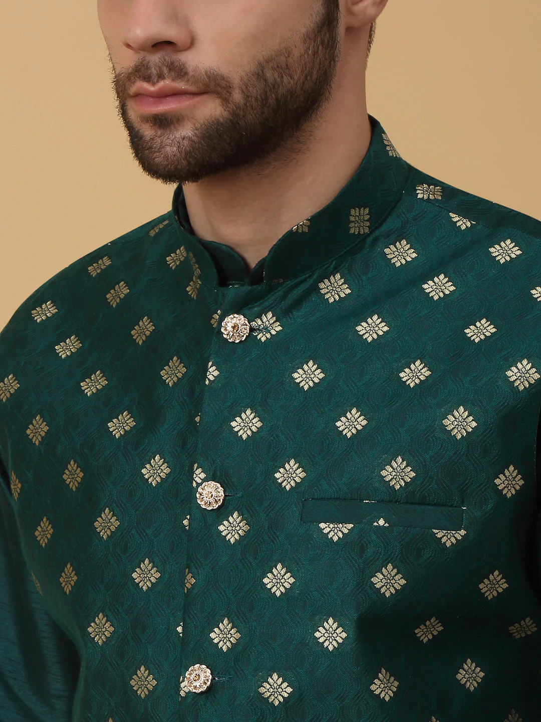 KRAFT INDIA Men's Silk Blend Green Kurta, Churidar with Jacquard Silk Blend Floral Print Nehru Jacket Set - Image 3