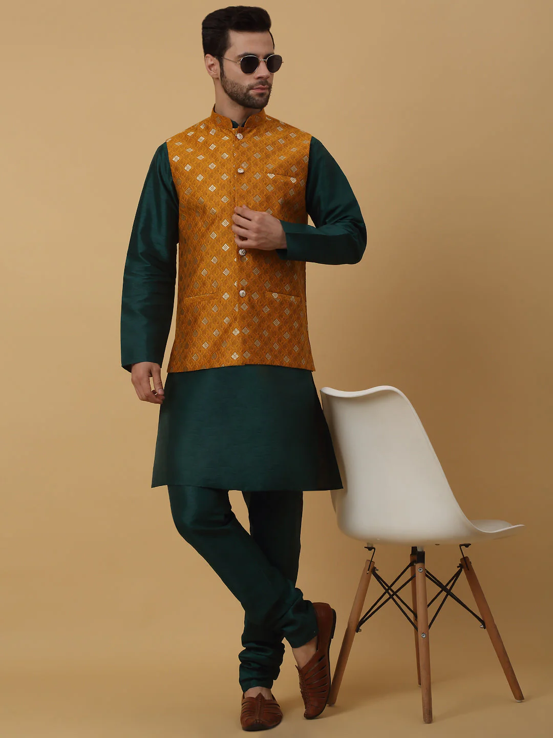 KRAFT INDIA Men's Silk Blend Green Kurta, Churidar with Jacquard Silk Blend Floral Print Nehru Jacket Set - Image 40