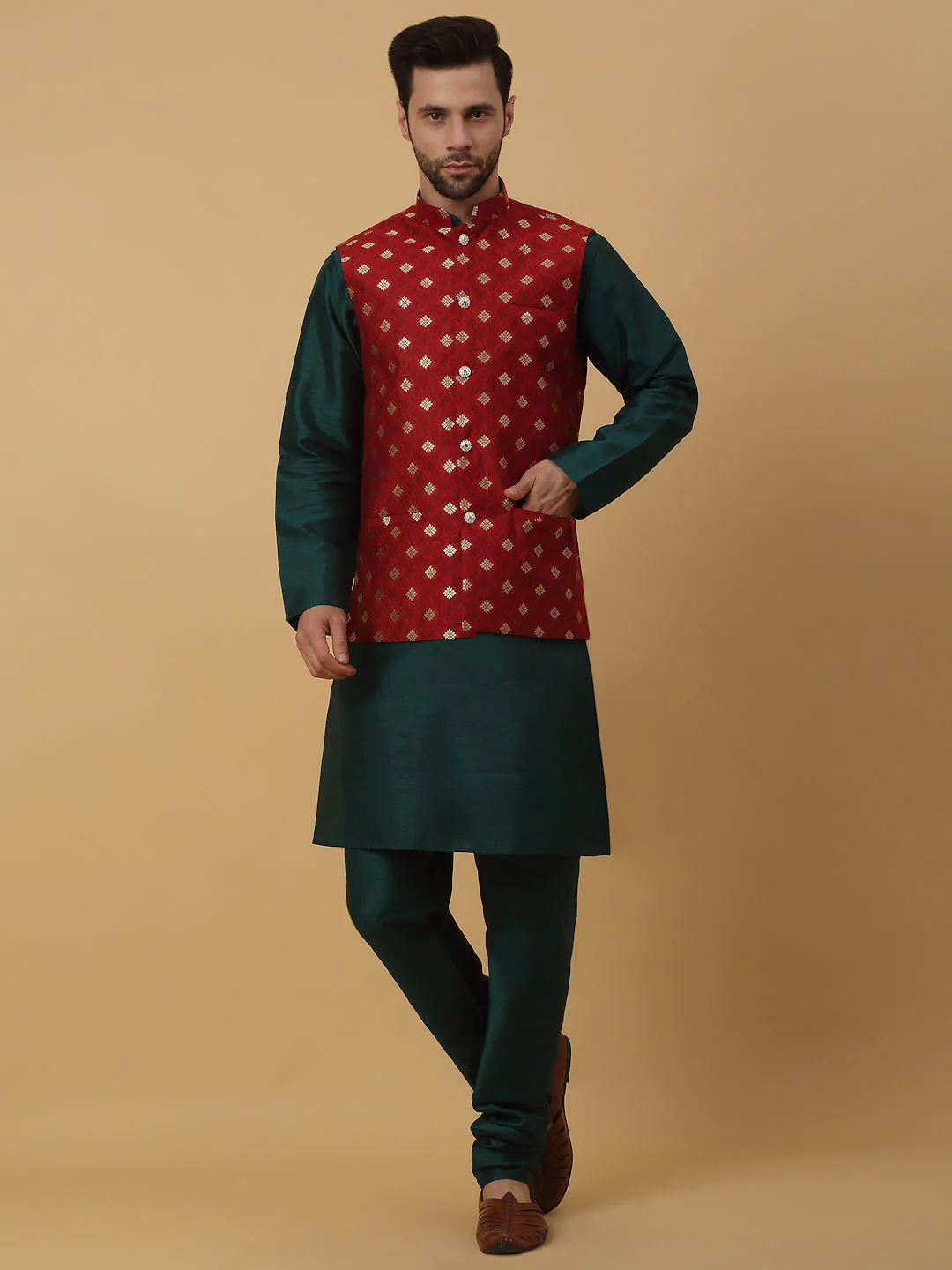 KRAFT INDIA Men's Silk Blend Green Kurta, Churidar with Jacquard Silk Blend Floral Print Nehru Jacket Set - Image 42