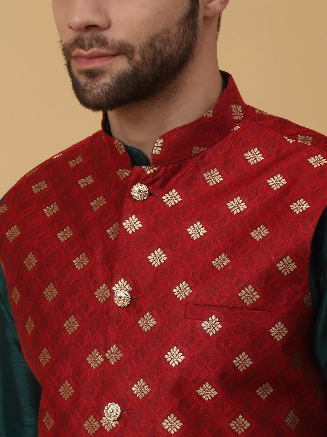 KRAFT INDIA Men's Silk Blend Green Kurta, Churidar with Jacquard Silk Blend Floral Print Nehru Jacket Set - Image 8