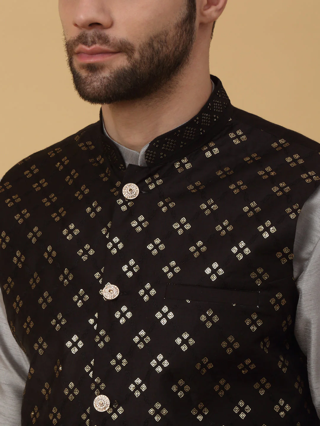 KRAFT INDIA Men's Silk Blend Grey Kurta, Churidar with Cotton Silk Embroided Sequenced Nehru Jacket Set - Image 3