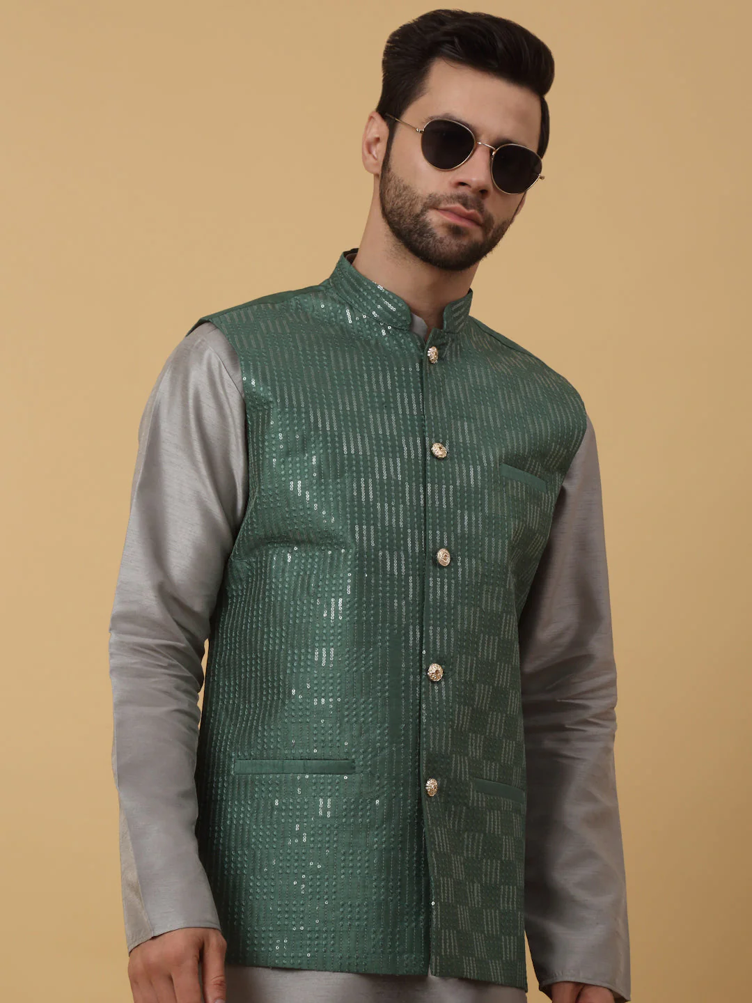 KRAFT INDIA Men's Silk Blend Grey Kurta, Churidar With Cotton Silk Sequenced Embroided Nehru Jacket set - Image 5
