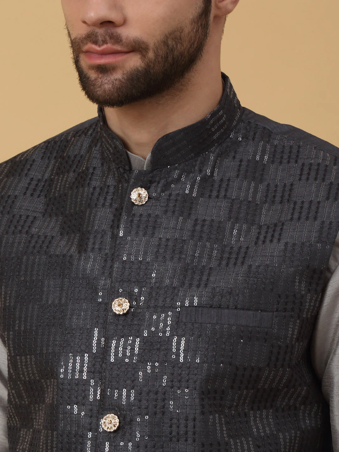 KRAFT INDIA Men's Silk Blend Grey Kurta, Churidar With Cotton Silk Sequenced Embroided Nehru Jacket set - Image 8