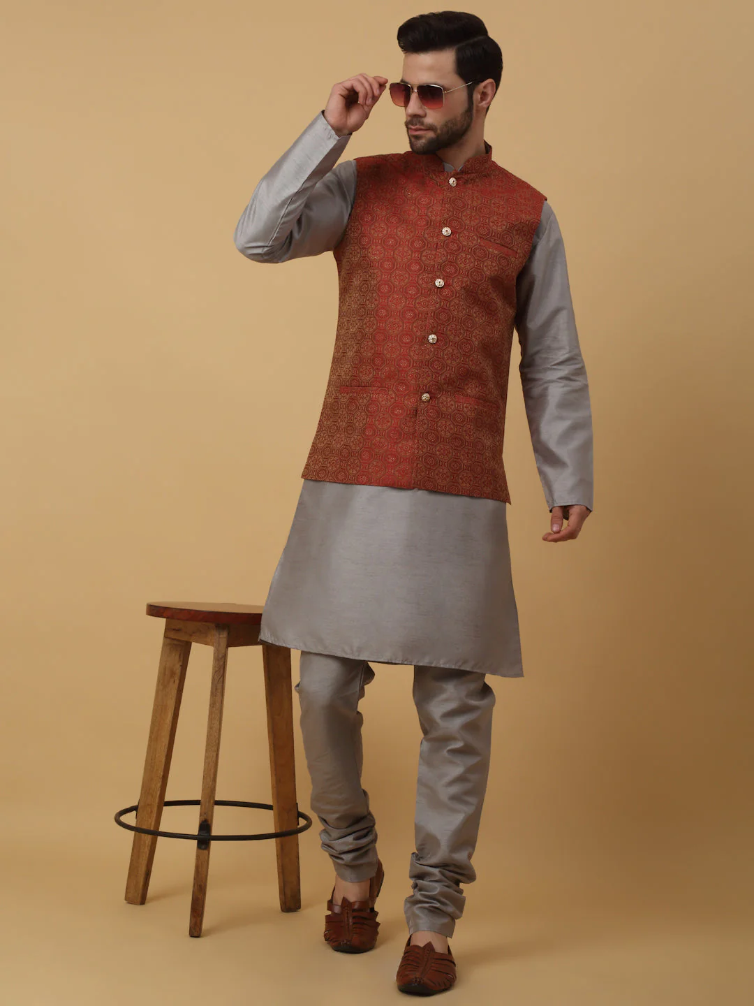 KRAFT INDIA Men's Silk Blend Grey Kurta, Churidar with Jacquard Bandhani Silk Blend Nehru Jacket Set - Image 103