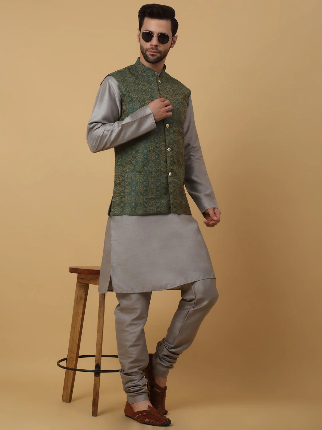 KRAFT INDIA Men's Silk Blend Grey Kurta, Churidar with Jacquard Bandhani Silk Blend Nehru Jacket Set - Image 218