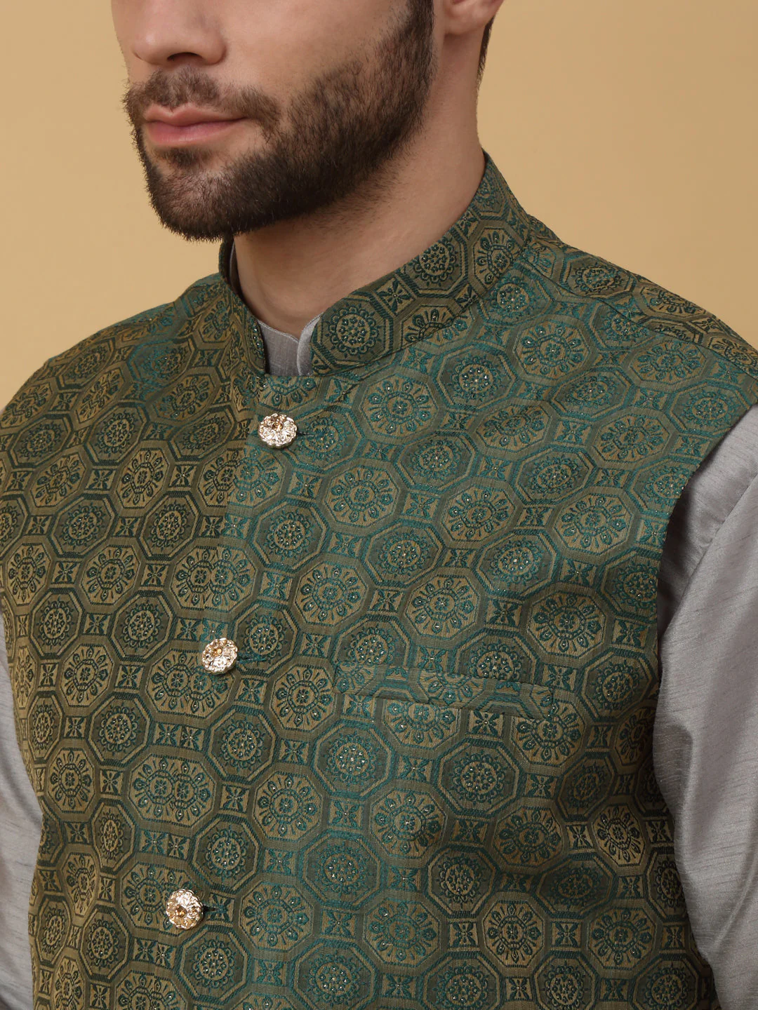KRAFT INDIA Men's Silk Blend Grey Kurta, Churidar with Jacquard Bandhani Silk Blend Nehru Jacket Set - Image 8