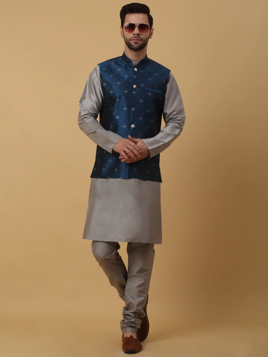 KRAFT INDIA Men's Silk Blend Grey Kurta, Churidar with Jacquard Silk Blend Floral Nehru Jacket Set - Image 41