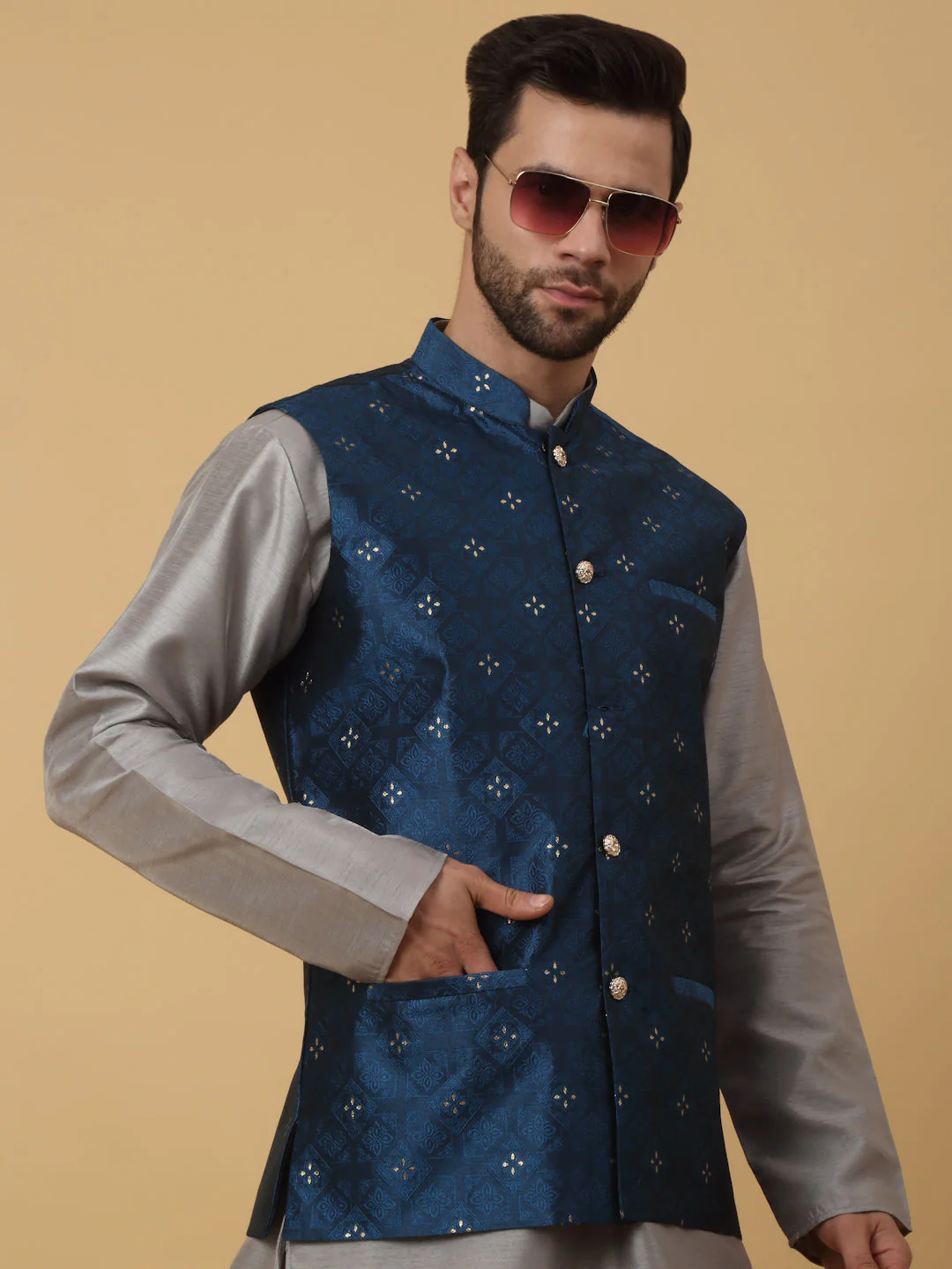 KRAFT INDIA Men's Silk Blend Grey Kurta, Churidar with Jacquard Silk Blend Floral Nehru Jacket Set - Image 5