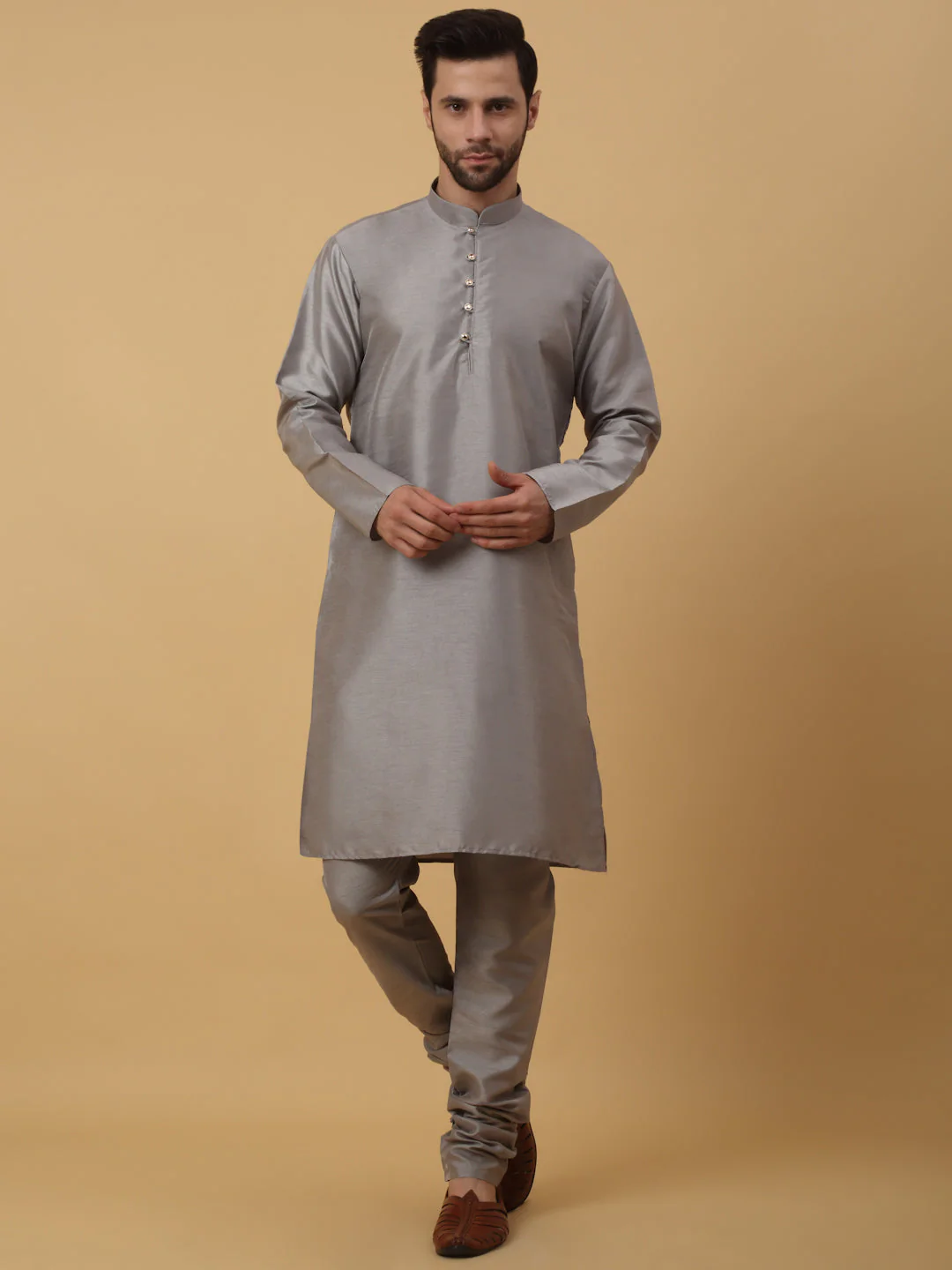 KRAFT INDIA Men's Silk Blend Grey Kurta, Churidar with Jacquard Silk Blend Floral Print Nehru Jacket Set - Image 4