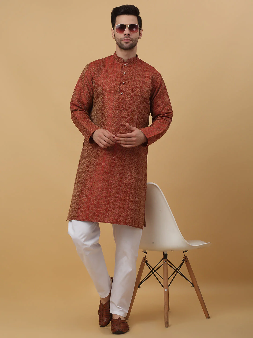 KRAFT INDIA Men's Silk Blend Jacquard Bandhani Kurta Only - Image 14