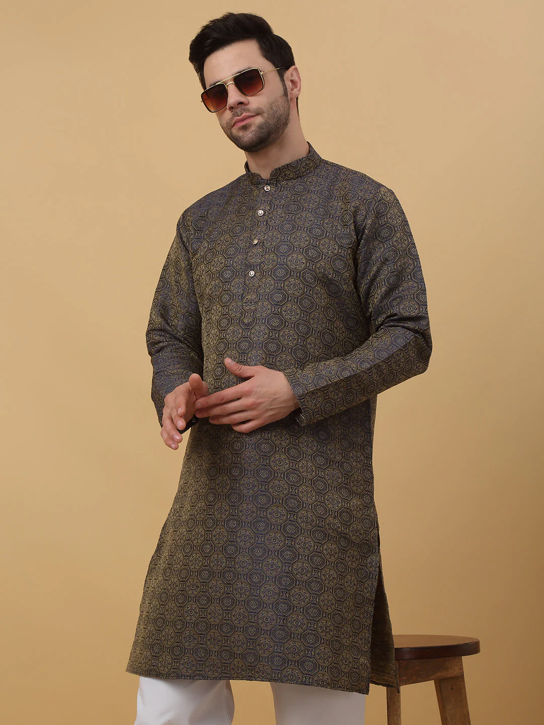 KRAFT INDIA Men's Silk Blend Jacquard Bandhani Kurta Only - Image 17