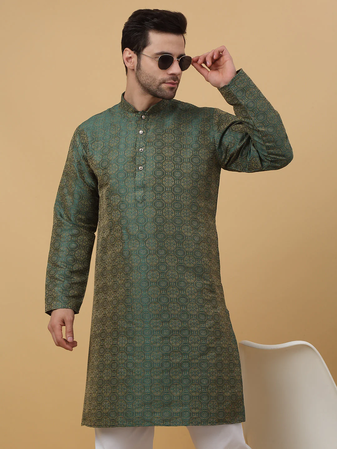 KRAFT INDIA Men's Silk Blend Jacquard Bandhani Kurta Only - Image 20