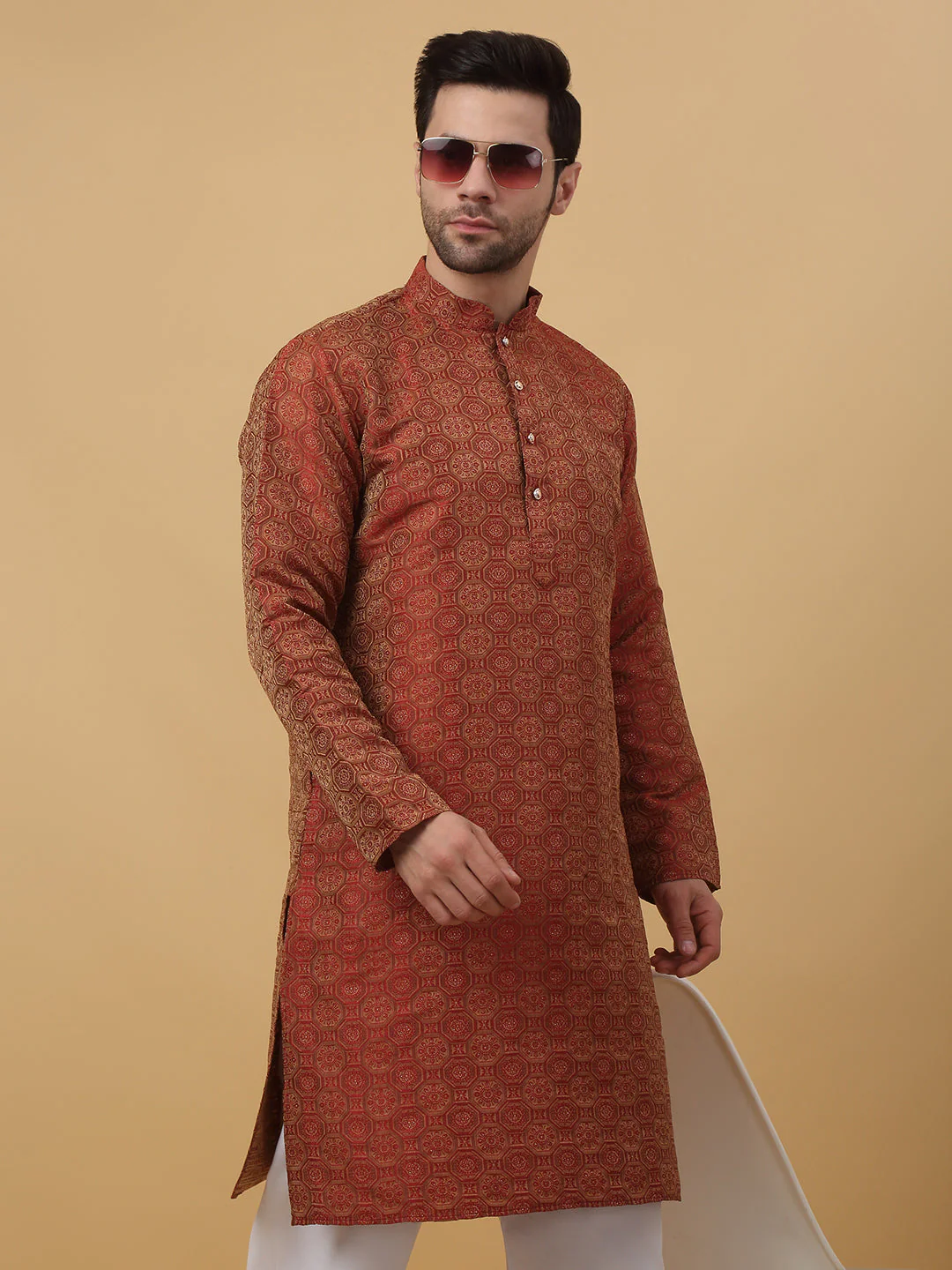 KRAFT INDIA Men's Silk Blend Jacquard Bandhani Kurta Only - Image 24