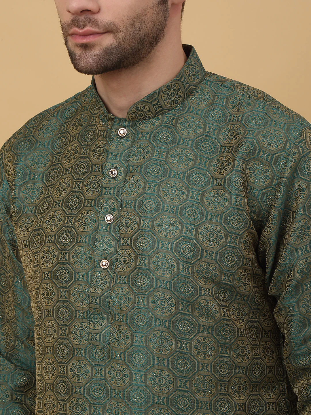 KRAFT INDIA Men's Silk Blend Jacquard Bandhani Kurta With White Elastic Waistband Pyjama Set - Image 8