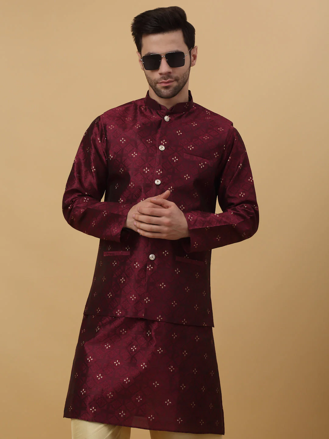 KRAFT INDIA Men's Silk Blend Jacquard Floral Sequenced Kurta and Beige Churidar with Silk Blend Jacquard Floral Nehru Jacket Set - Image 10
