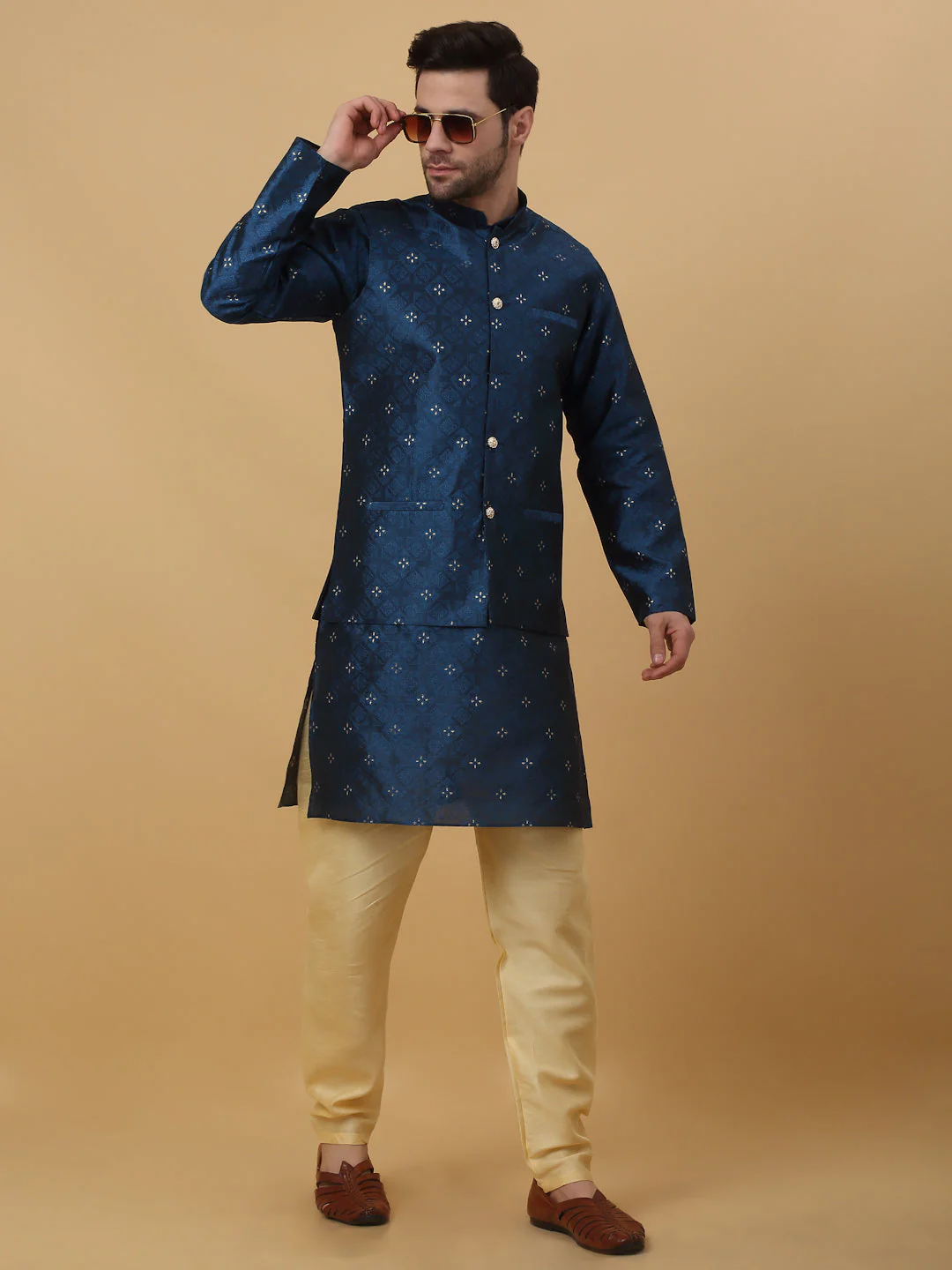 KRAFT INDIA Men's Silk Blend Jacquard Floral Sequenced Kurta and Beige Churidar with Silk Blend Jacquard Floral Nehru Jacket Set - Image 140