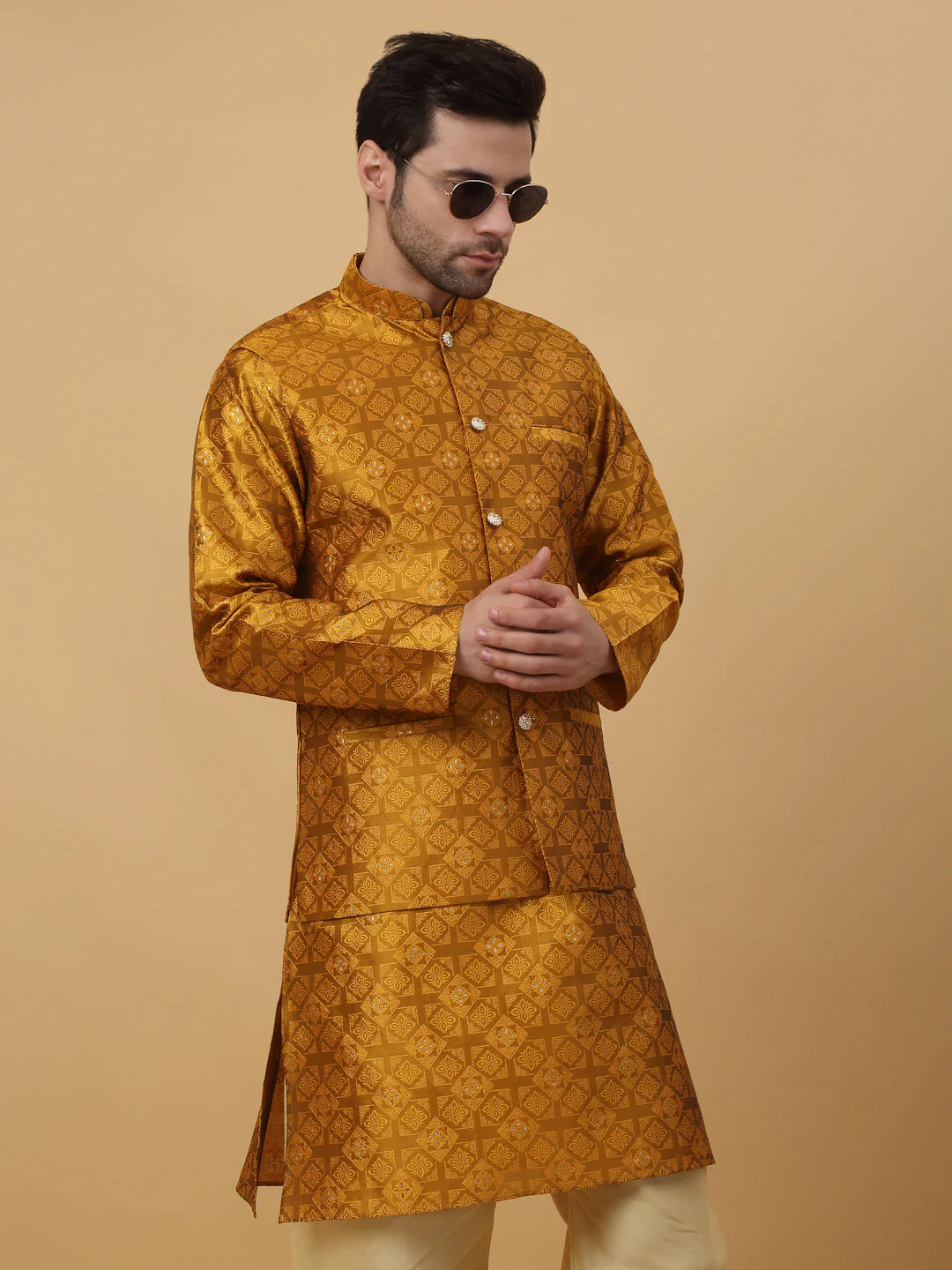 KRAFT INDIA Men's Silk Blend Jacquard Floral Sequenced Kurta and Beige Churidar with Silk Blend Jacquard Floral Nehru Jacket Set - Image 15