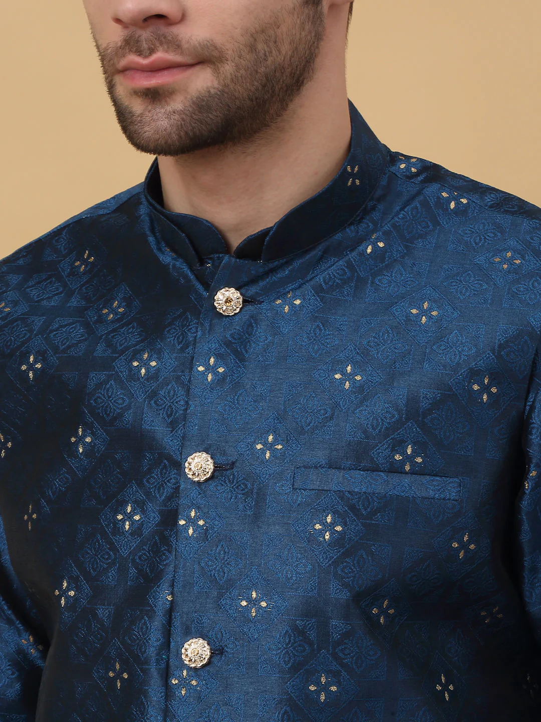 KRAFT INDIA Men's Silk Blend Jacquard Floral Sequenced Kurta and Beige Churidar with Silk Blend Jacquard Floral Nehru Jacket Set - Image 3