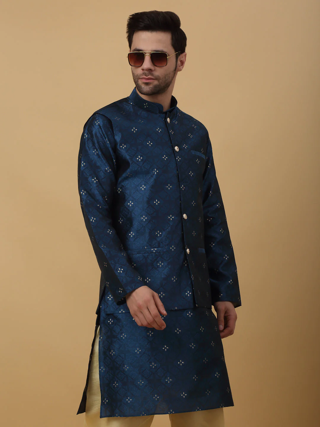KRAFT INDIA Men's Silk Blend Jacquard Floral Sequenced Kurta and Beige Churidar with Silk Blend Jacquard Floral Nehru Jacket Set - Image 5
