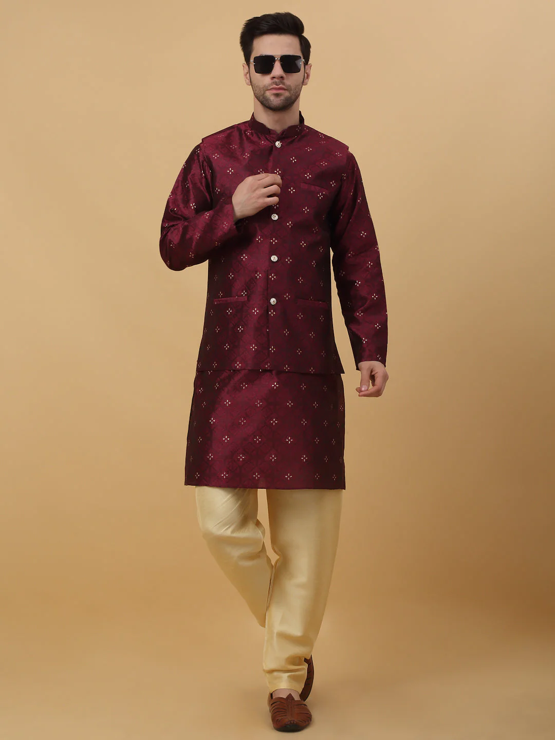 KRAFT INDIA Men's Silk Blend Jacquard Floral Sequenced Kurta and Beige Churidar with Silk Blend Jacquard Floral Nehru Jacket Set - Image 73
