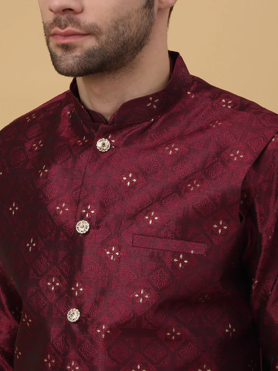 KRAFT INDIA Men's Silk Blend Jacquard Floral Sequenced Kurta and Beige Churidar with Silk Blend Jacquard Floral Nehru Jacket Set - Image 8